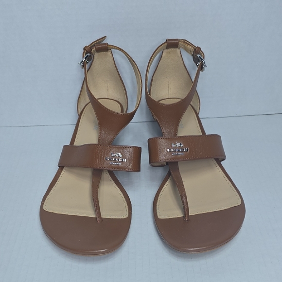 Womens Coach Vienna Brown Tan Leather Wedge Thong Ankle Strap Sandals Size 8.5B - Picture 1 of 16
